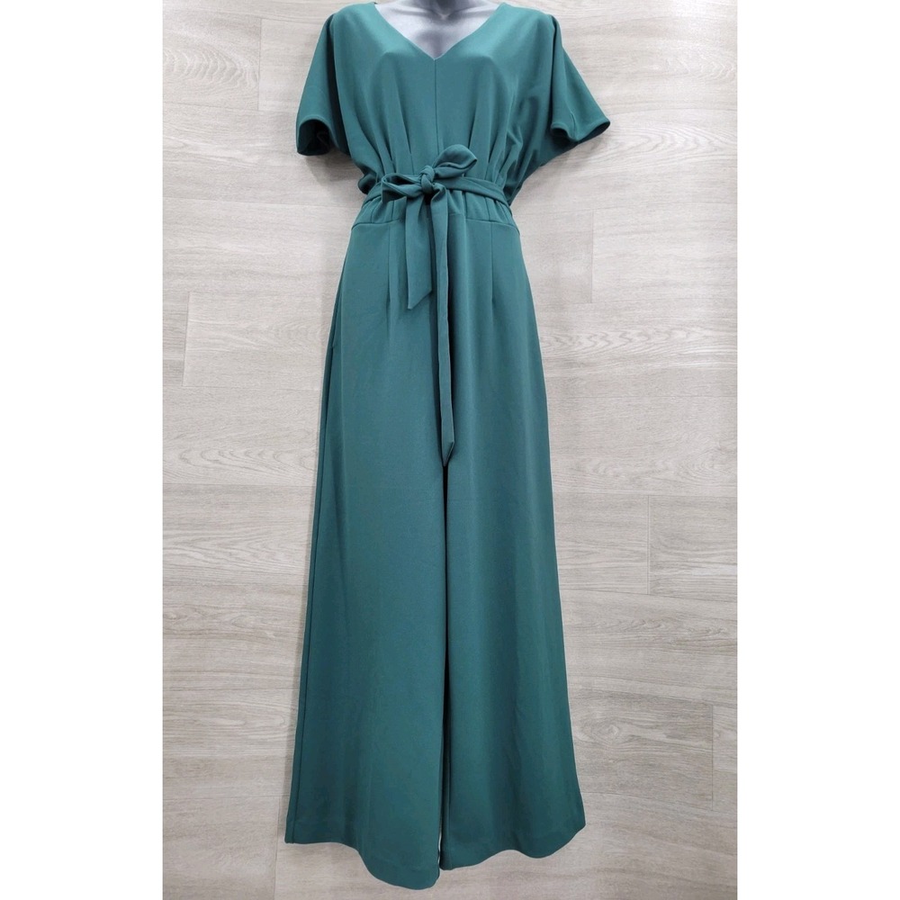 NWT Ann Taylor Factory Women's 14 Green V Neck Belted Wide Leg Jumpsuit